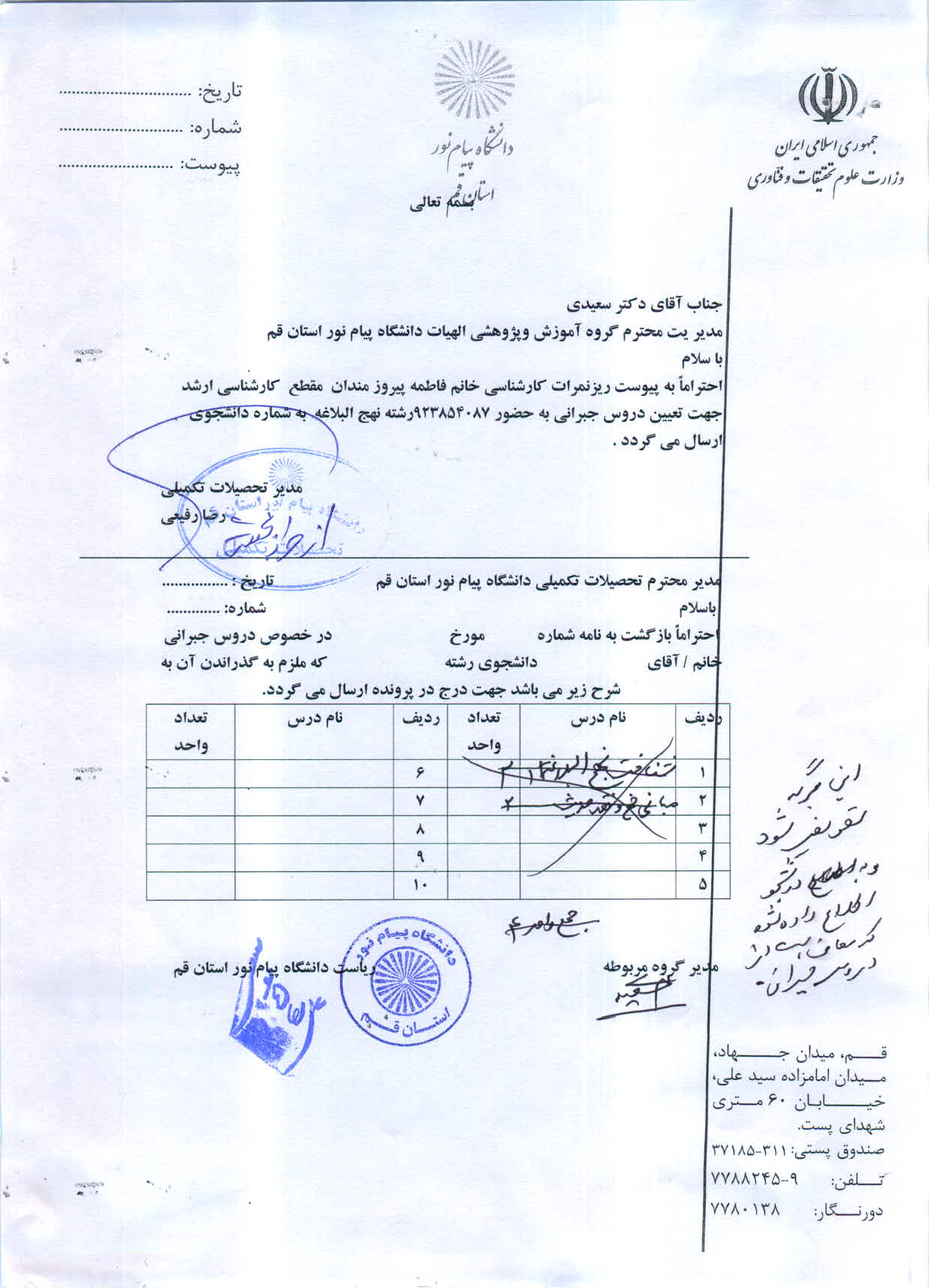 اعلام دروس جبرانی خانم فاطمه پیروز مندان   ارشد نهج البلاغه  