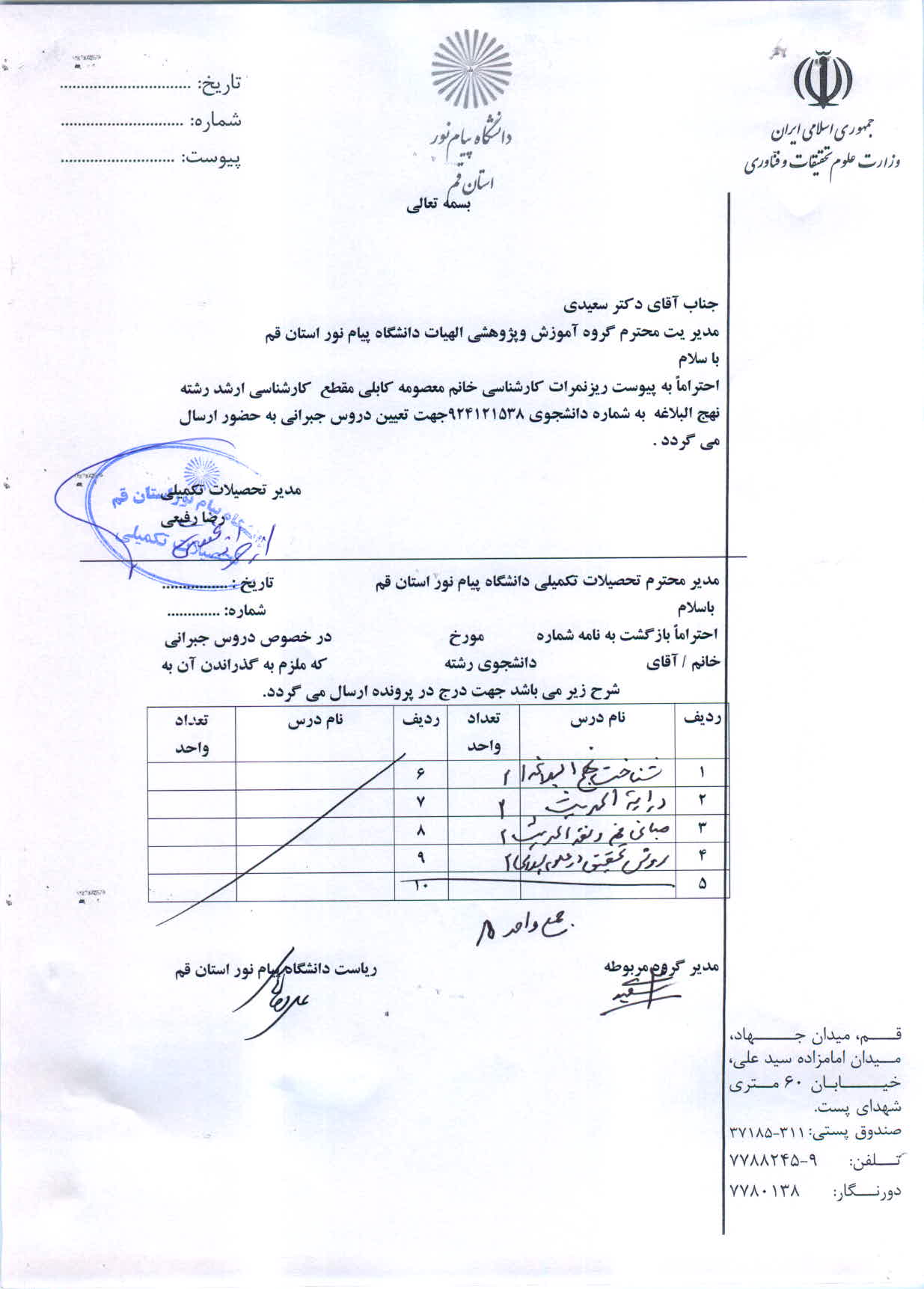 اعلام دروس جبرانی خانم معصومه کابلی  ارشد نهج البلاغه 
