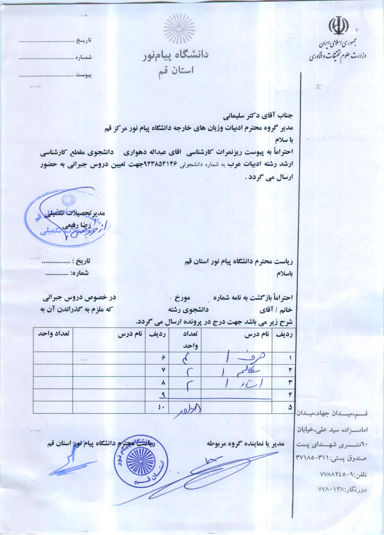 اعلام دروس جبرانی آقای عبداله دهواری   ارشد رشته ادبیات عرب 